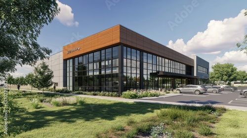 Wallpaper Mural Modern office building exterior with large windows, wood siding, and parking lot. Torontodigital.ca
