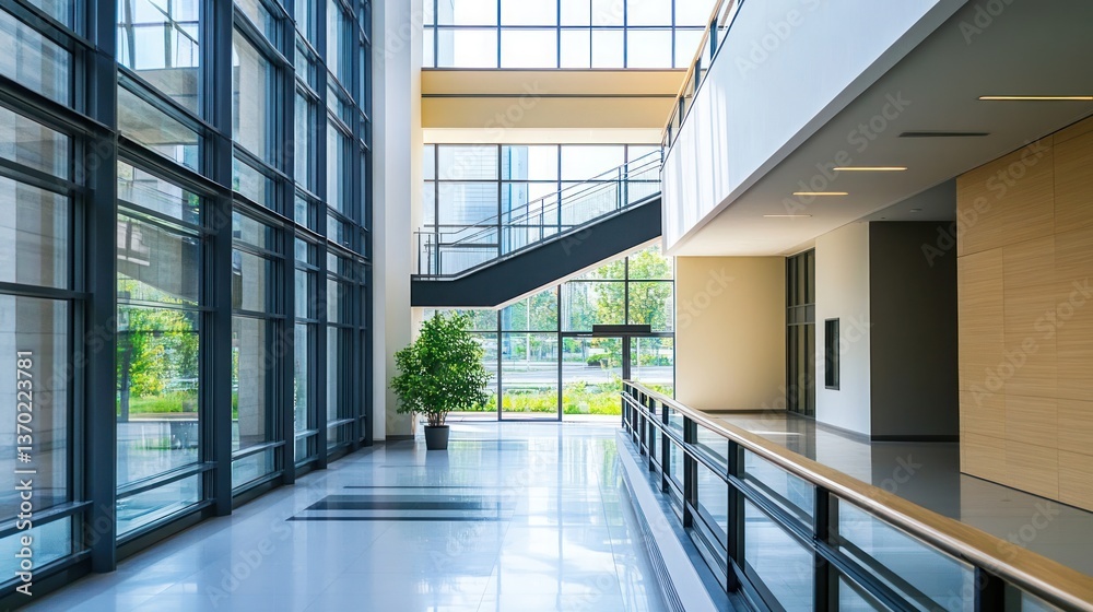 Obraz premium Modern office building interior hallway with glass walls, stairs, and plants.