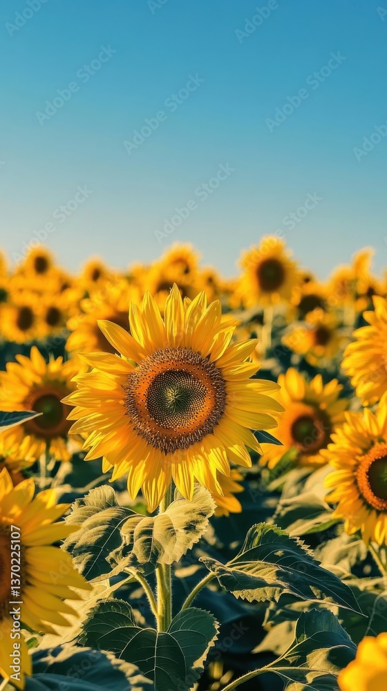 Obraz premium Golden Embrace: A vast field of vibrant sunflowers basking in the golden sunlight, their faces turned towards the clear blue sky, creating a captivating display of nature's beauty.