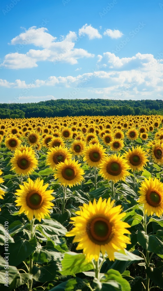 Fototapeta premium Sunflower Field under Blue Sky: Capturing a breathtaking vista of endless sunflowers under a vibrant blue sky with fluffy white clouds. A picturesque and sunny day in nature.
