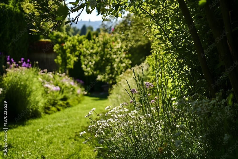 Fototapeta premium Lush garden pathway with vibrant flowers and green foliage