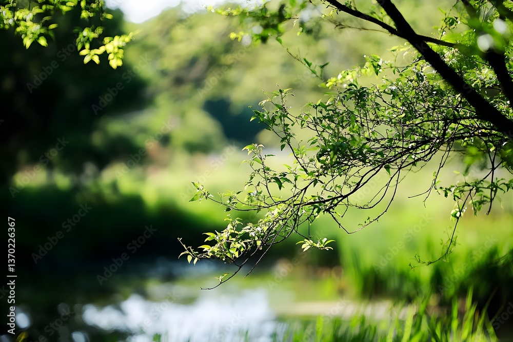 Fototapeta premium Lush greenery overhangs a serene river, bathed in sunlight
