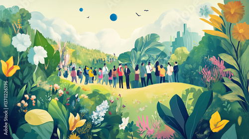 Vibrant gathering of people in a lush nature setting, World Earth Day, generative ai.
