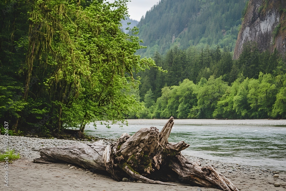 Lush river scene; tree, driftwood, rock cliffs, green forest backdrop Lush river scene; tree, driftwood, rock cliffs, green forest backdrop