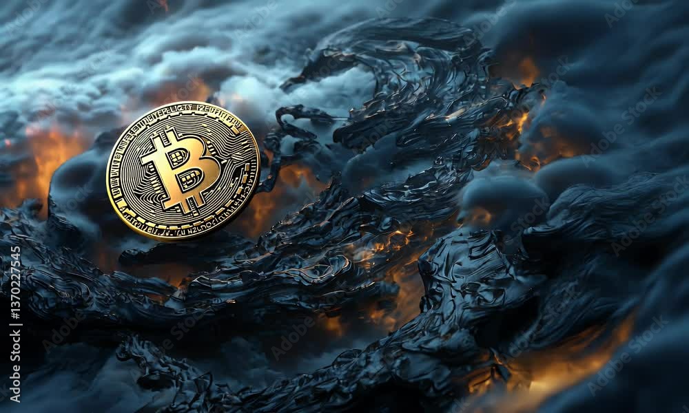 Glimmering coin amidst dark, swirling clouds and fiery highlights. Intriguing contrast