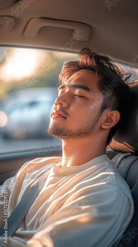 Man enjoying a serene nap during a tranquil car journey at golden hour
