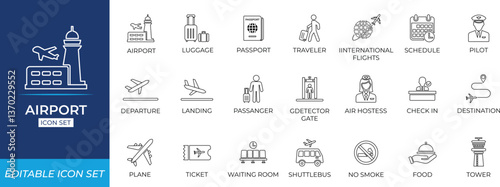 Airport line icon set featuring flights, boarding, ticket, leaving, map, directional, exchanging, luggage, passport control, travel navigation, and aviation symbols for global transport design.