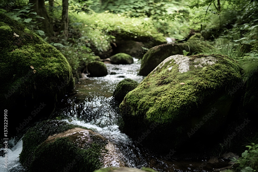 Moss-covered rocks in a stream winding through lush greenery Moss-covered rocks in a stream winding through lush greenery