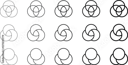 Venn diagram three overlapping circles chart in lined style. Overlapping geometric shapes. Vector illustration