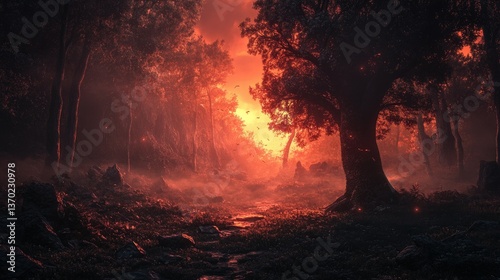 Path Through Dark Forest with Red Sky and Misty Atmosphere