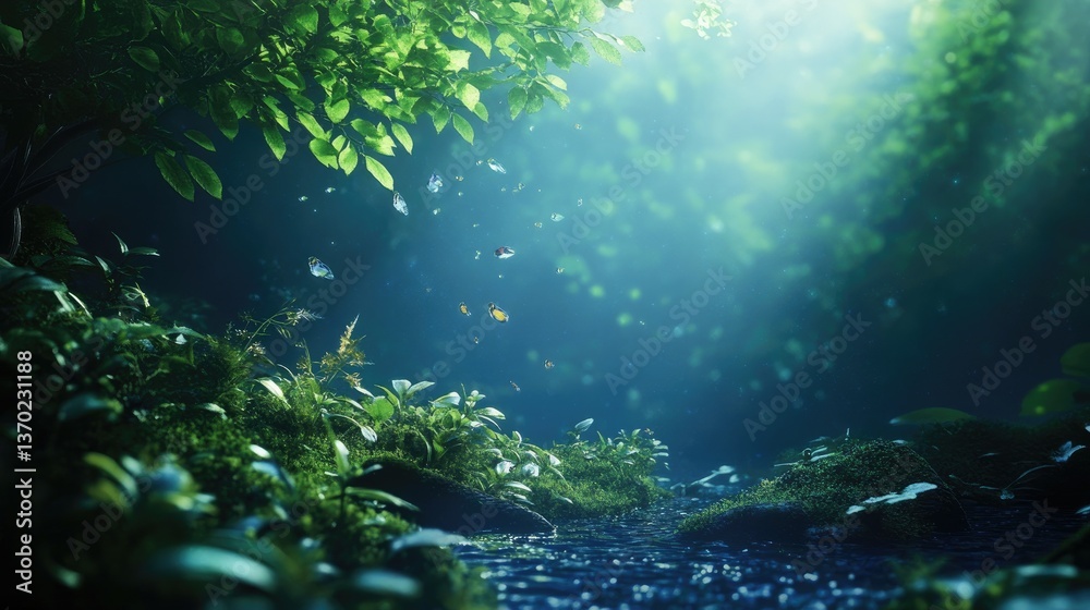 Obraz premium Tranquil Forest Stream with Butterflies and Sunlight Filtering Through Green Canopy