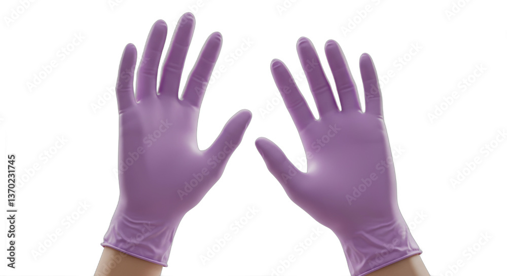 Obraz premium Hands protected with purple medical gloves against a clean white backdrop
