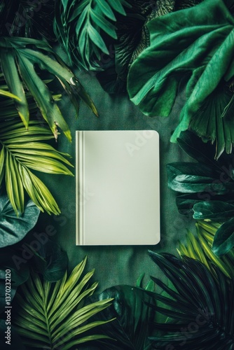 Blank journal surrounded by lush tropical greenery.  A pristine white notebook, positioned centrally, is framed by various vibrant green tropical leaves