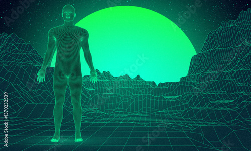 Abstract human in digital or alien space. Low poly graphics 80s 90s games style. Concept: self searching mental psychologic. Retro digital grid surface in search of the unknown. Wireframe net style