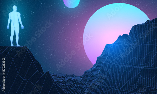 Abstract human in digital or alien space. Low poly graphics 80s 90s games style. Concept: self searching mental psychologic. Retro digital grid surface in search of the unknown. Wireframe net style