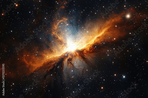 A stunning fiery nebula shines amongst countless bright stars in space