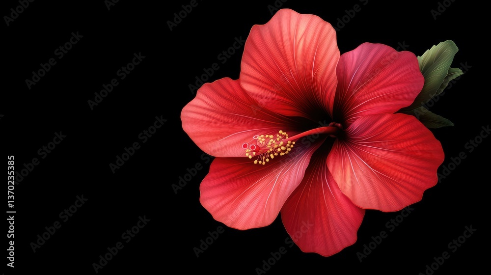 Fototapeta premium Vibrant Red Hibiscus Flower on a Black Background Evoking Tropical Beauty and Exotic Nature, Perfect for Floral Designs and Illustrations