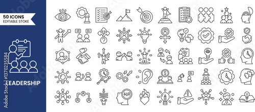 Leadership icons set in line style. Leader, delegation, control, responsibility, mentorship, coaching and more. Vector illustrations