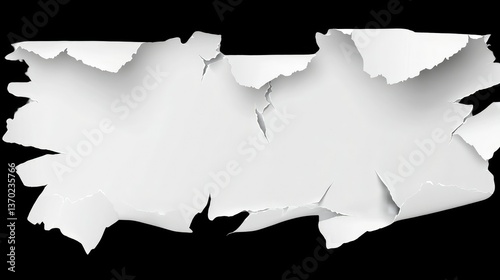 Realistic Torn Paper Background with White Surface Displaying Textured Creases and Shredded Edges, Suitable for Creative Design and Graphic Art Needs