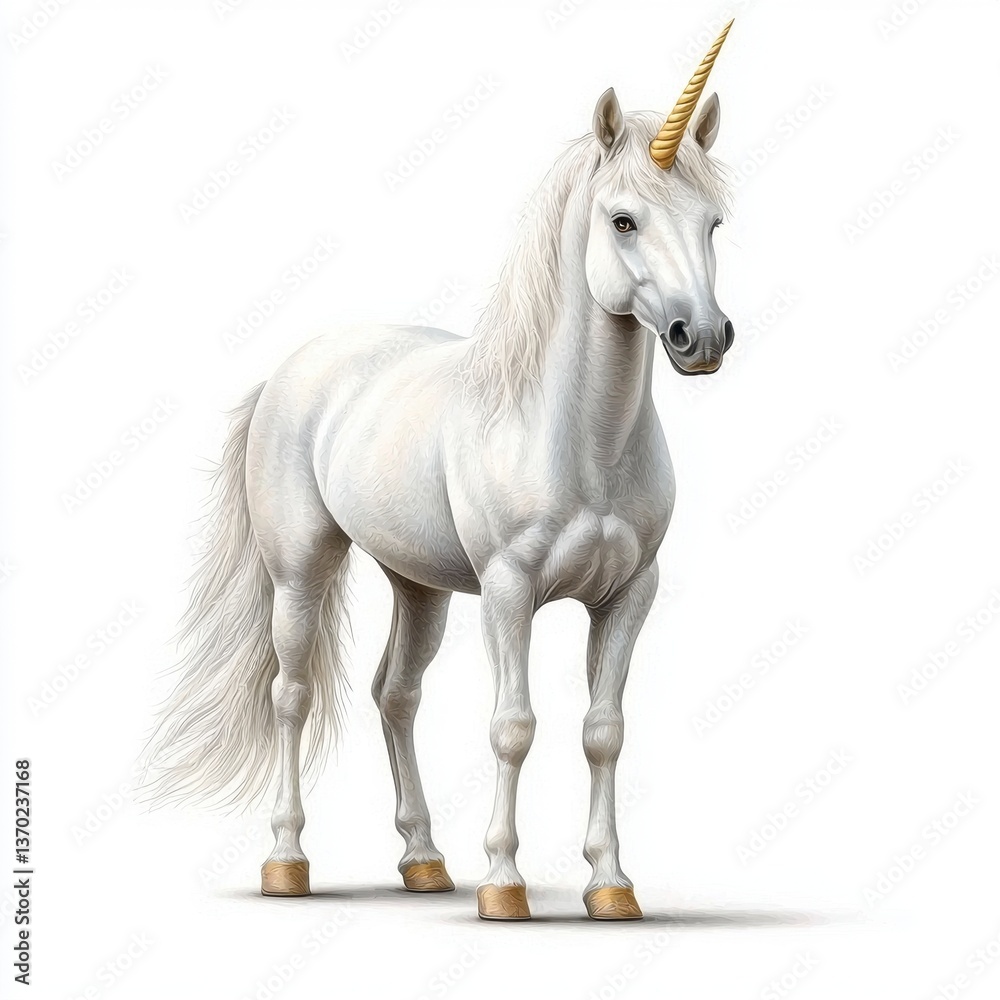 Obraz premium White Unicorn with Golden Horn, Detailed Illustration