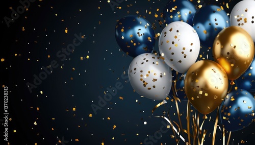 Festive Bunch Of Balloons With Confetti On Dark Background