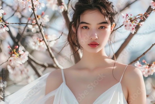 A young woman in a flowing white dress exuding grace and beauty, pictured in close-up in front of a blooming cherry blossom tree.