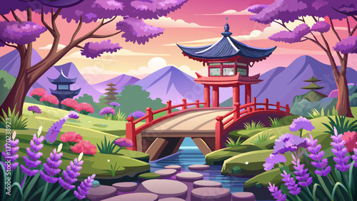 Lavender in Japanese Zen Garden with Ponte and Pagoda.,