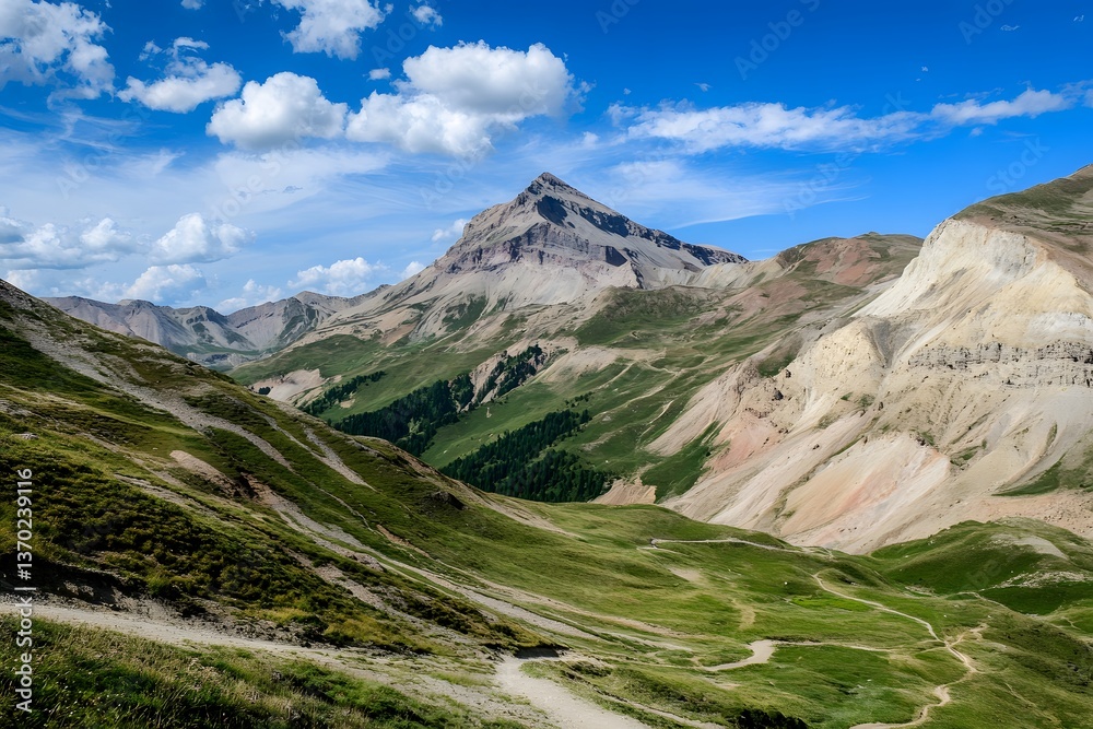 Fototapeta premium Mountainous terrain. Green grass and bare peaks under a cloudy sky