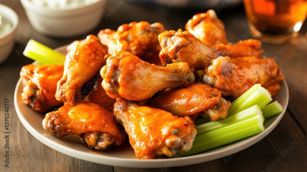 Delicious Spicy Chicken Wings Served with Fresh Celery Sticks and Dipping Sauce for a Perfect Game Day or Party Snack Experience Delicious Spicy Chicken Wings Served with Fresh Celery Sticks and Dipping Sauce for a Perfect Game Day or Party Snack Experience