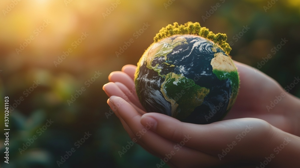 Hands holding earth with greenery against a soft sunrise background Hands holding earth with greenery against a soft sunrise background