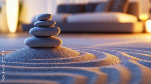 Balanced Grey Stones on Sand in a Serene Zen Garden Setting