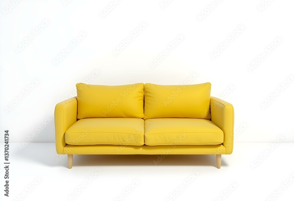 Fototapeta premium soft empty yellow sofa stands on white isolated background, comfortable fabric couch is alone against the background of white wall, copy space