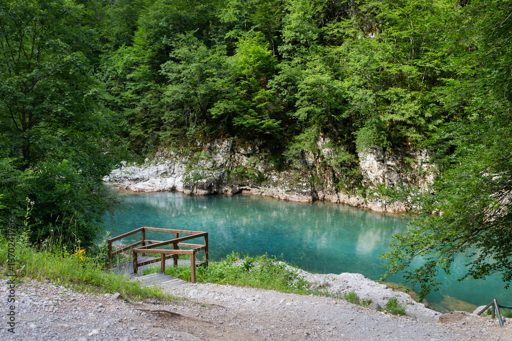 Fototapeta premium Serene turquoise river flows through a lush green forest, a wooden footbridge offers access to its tranquil banks