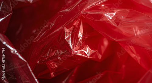 Vibrant Close-Up of Crinkled Red Plastic Shrink Wrap Material Texture
