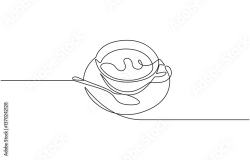 One continuous line drawing of a coffee cup with a spoon, Continuous single line drawing a cup coffee, spoon, and saucer in floating style. Coffee logo. Hot drink icon.