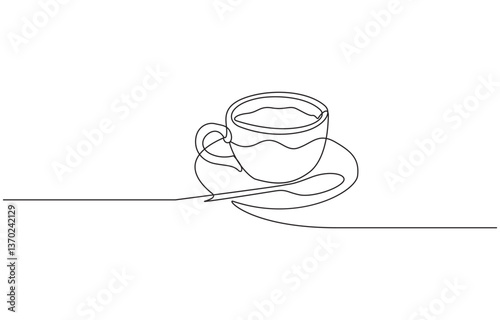 One continuous line drawing of a coffee cup with a spoon, Continuous single line drawing a cup coffee, spoon, and saucer in floating style. Coffee logo. Hot drink icon.