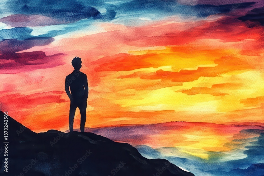Fototapeta premium Silhouetted Man Watching Vibrant Sunset Seascape.
