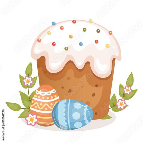 Easter bread with eggs and flowers. Holiday vector illustration of traditional food on white background.
