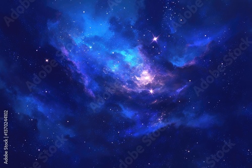 A breathtaking digital painting depicts space with stars and clouds