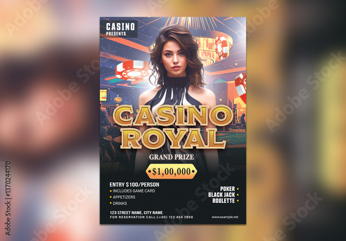 Casino Royal Party Flyer with Elegant Woman and Gambling Elements for Advertising, Editable Design.