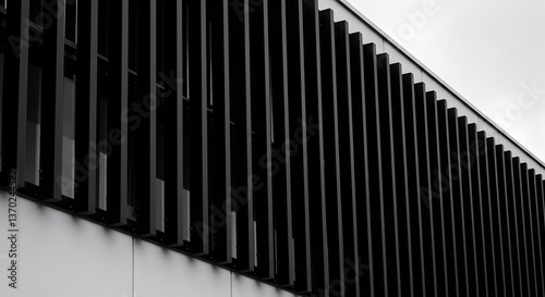 Monochrome facade with parallel vertical louvers creating an architectural rhythm