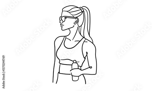 Girl narcissist, admires himself with glasses on white background. Sport girl model line art drawing. Vector illustration
