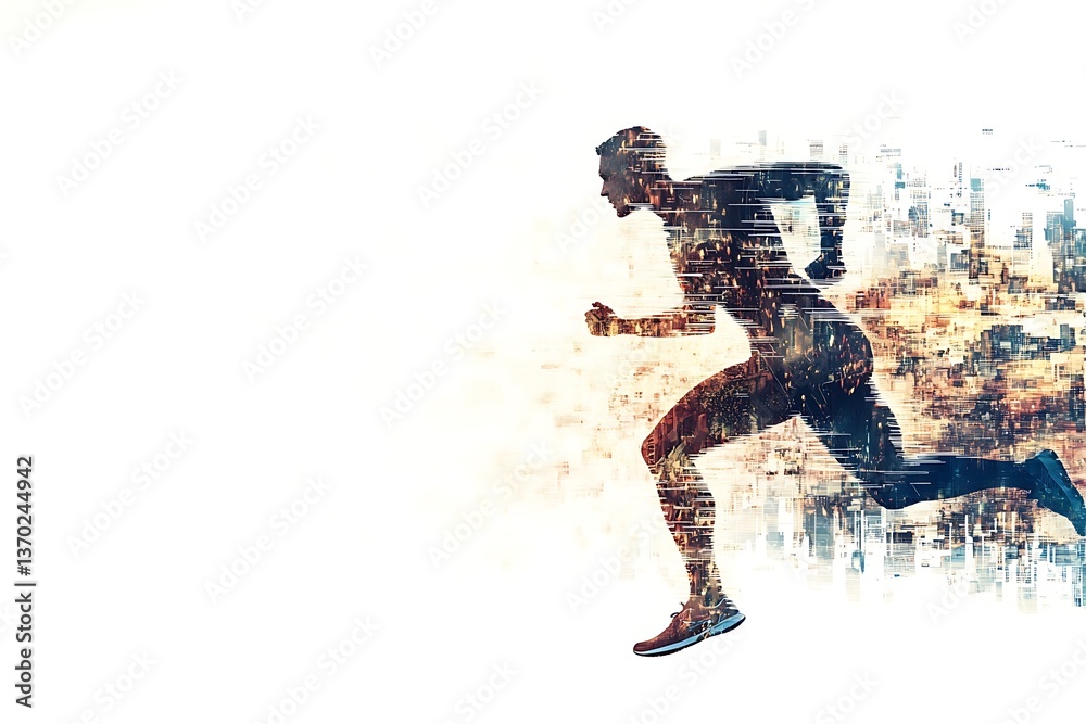 Energetic man running with city overlay for fitness concept. Speed and motion in urban life