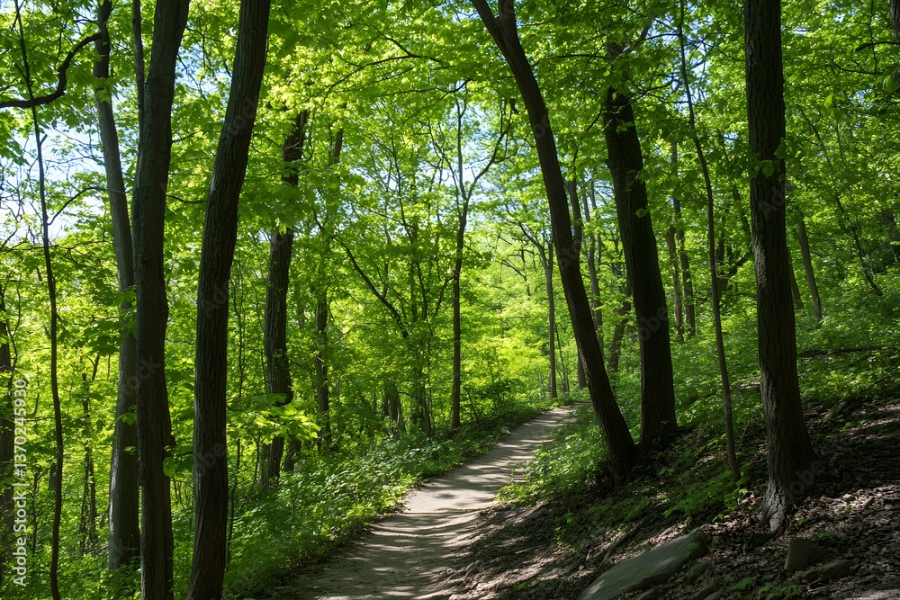 Fototapeta premium Path winds through lush, green forest under sun-dappled canopy