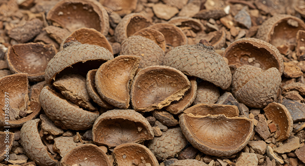 Detailed textural close-up of a pile of crushed acorn shells in earthy tones Detailed textural close-up of a pile of crushed acorn shells in earthy tones