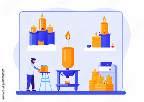 Candle making process image. Cartoon style. Vector illustration.