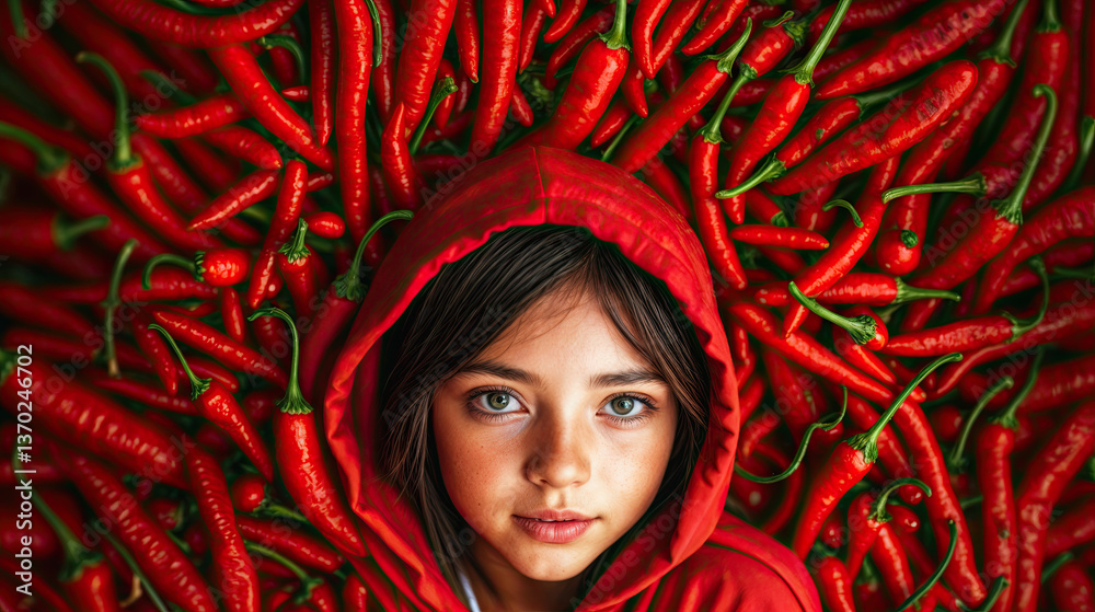 A young girl surrounded by vibrant red chili peppers, showcasing a bold and colorful composition.