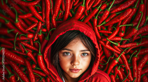 Obraz na płótnie A young girl surrounded by vibrant red chili peppers, showcasing a bold and colorful composition. w salonie