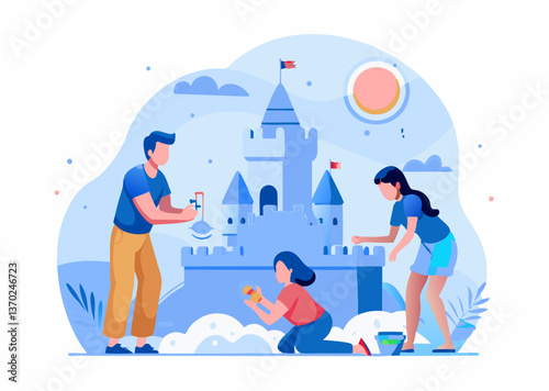 People building a sandcastle on the beach image. Cartoon style. Vector illustration.