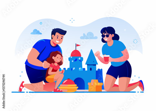 People building a sandcastle on the beach image. Cartoon style. Vector illustration.